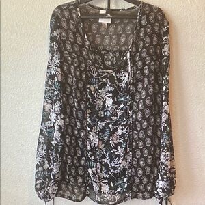 Knox Rose Black Sheer Floral Long-Sleeve Blouse